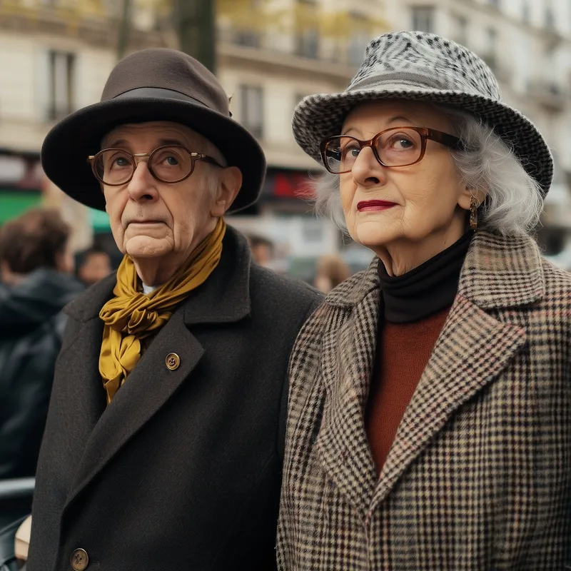 Older couple in elegant coats and hats on a city street