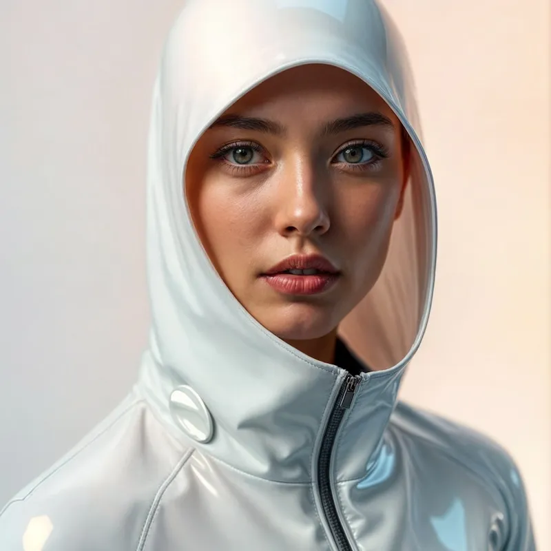 Close-up of woman in futuristic hooded jacket with smooth contours