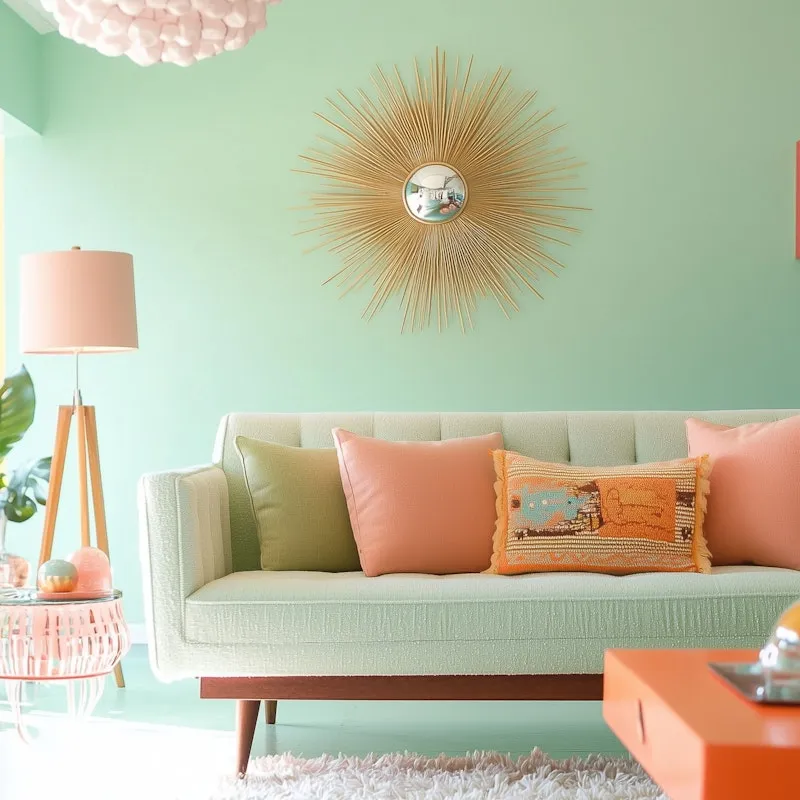 Pastel living room with mint walls and a golden sunburst mirror