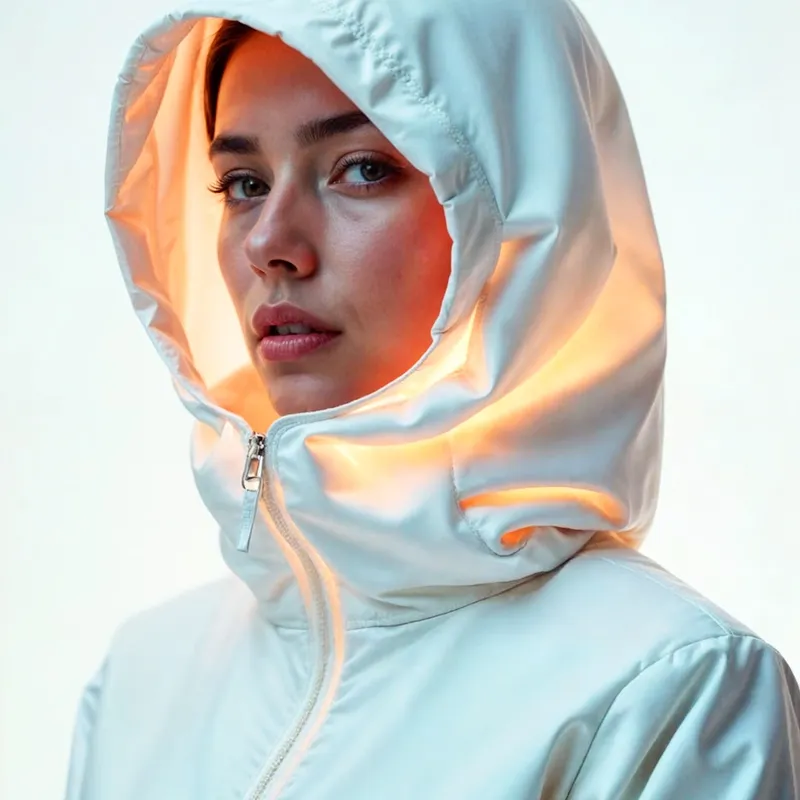Side profile with warm light glowing inside the hood