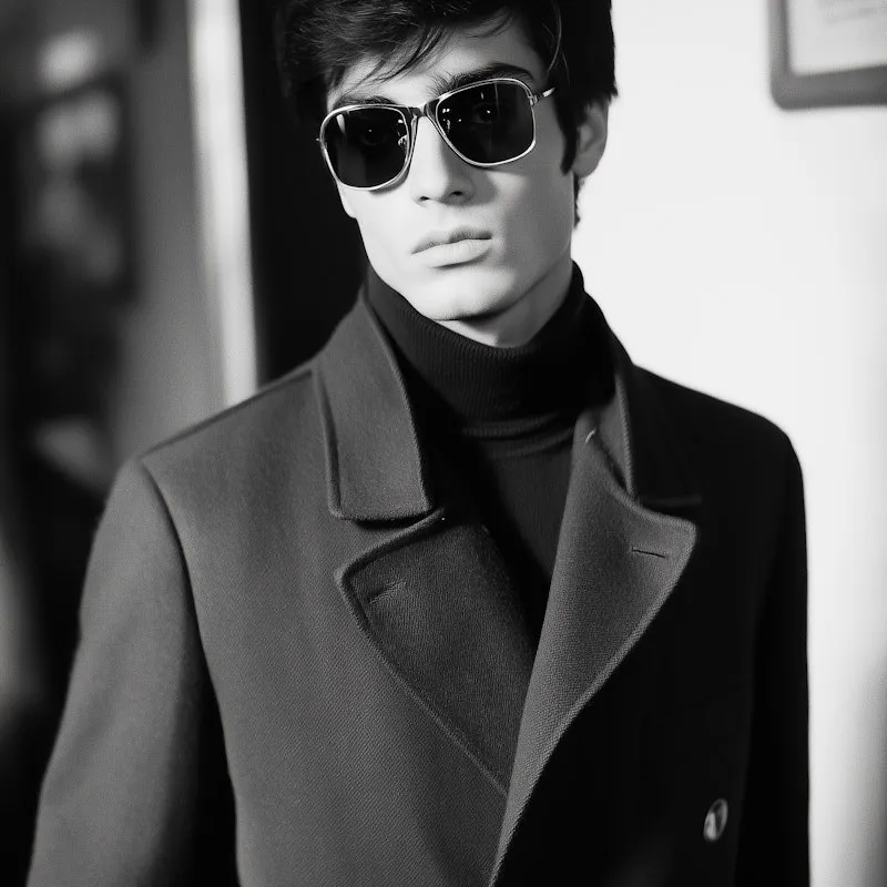 Man in sunglasses and dark coat looking to the side