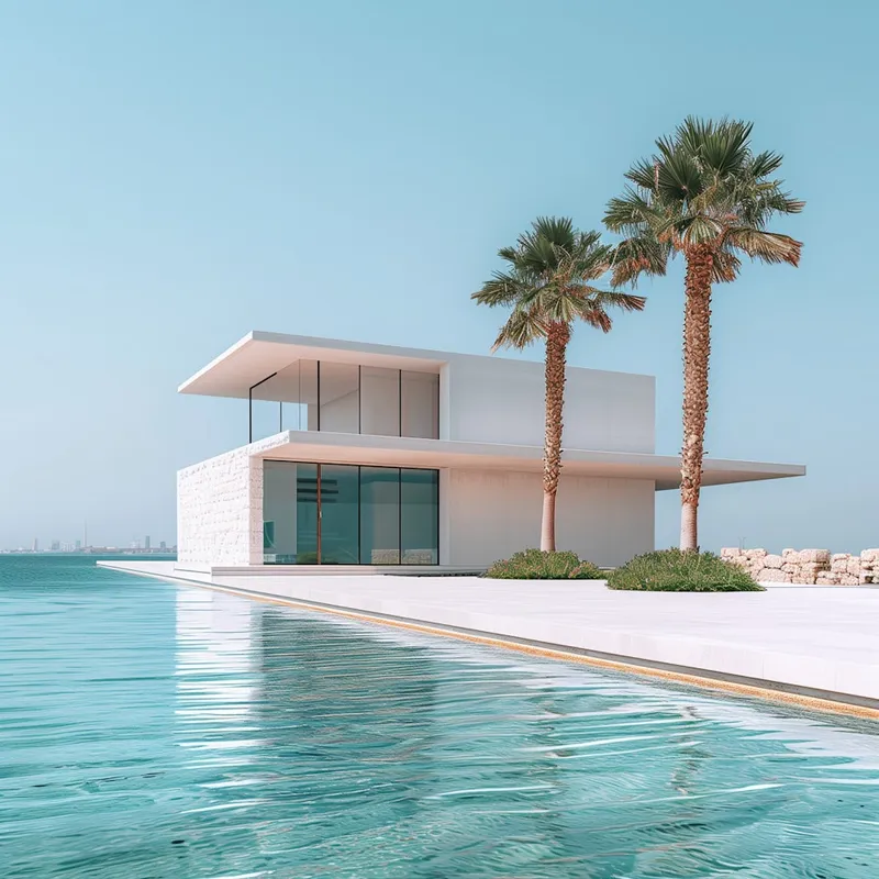 Modern villa with palm trees and sea view