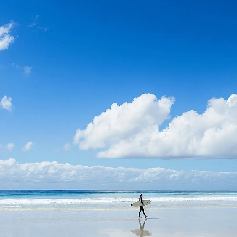Surfer walking across a wide reflective beach under blue sky