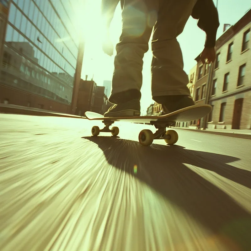 Low-angle motion shot of skateboarder on a city street