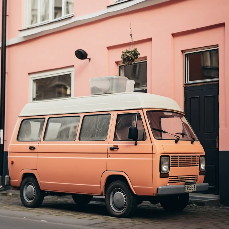 Pastel blue vintage car parked in front of a peach-colored door